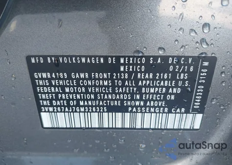 2016 Volkswagen Jetta 1.4T S z USA, uszkodzony, nr VIN 3VW267AJ7GM326325